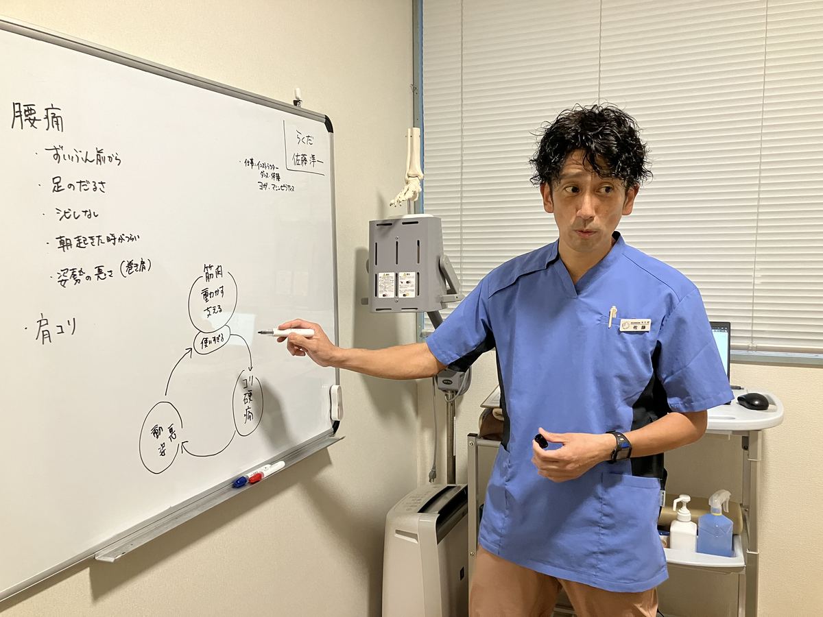 ホワイトボードをペンで指しながら原因と施術内容を説明する佐藤洋一代表