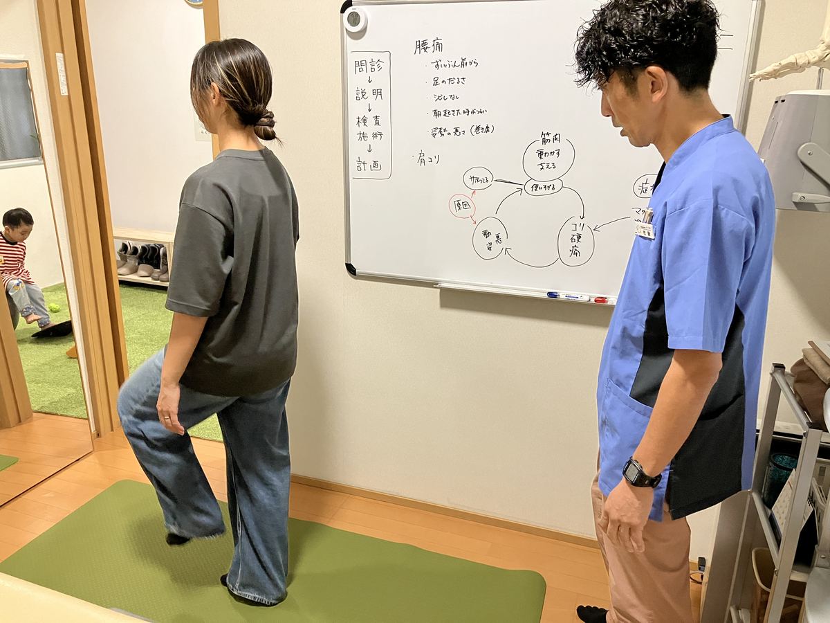 片足立ちで姿勢とバランスを検査する患者さまとホワイトボードの流れ図